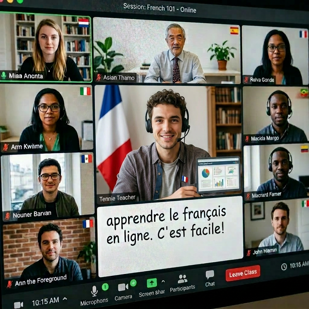 Adults in a classroom with headsets learning French online with teacher and laptops