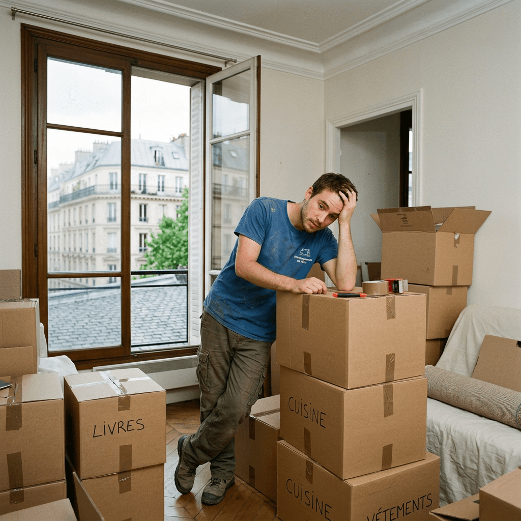 Overwhelmed mover with boxes, French window view